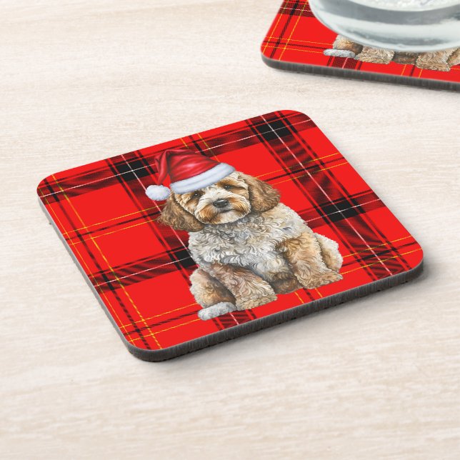 Winter Themed Cockapoo Santa Dog Red Holiday Plaid Coaster (Left Side)