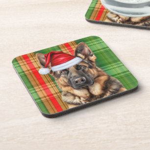 Winter Themed German Shepherd Dog Holiday Plaid Coaster