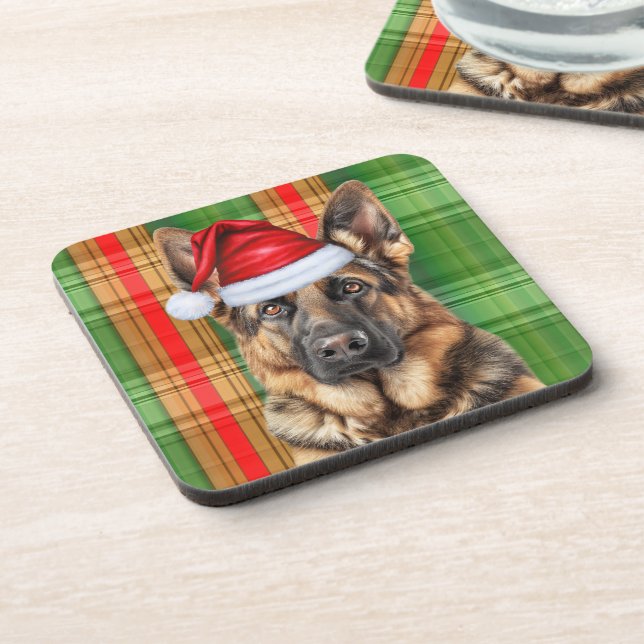 Winter Themed German Shepherd Dog Holiday Plaid Coaster (Left Side)