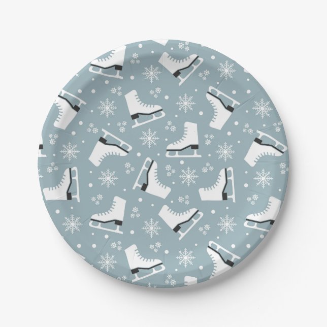 Winter themed pattern with ice skates paper plate (Front)