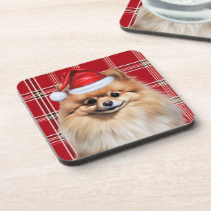 Winter Themed Pomeranian Dog Holiday Plaid Coaster