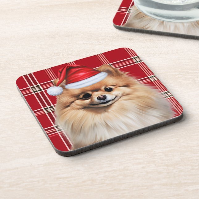 Winter Themed Pomeranian Dog Holiday Plaid Coaster (Left Side)
