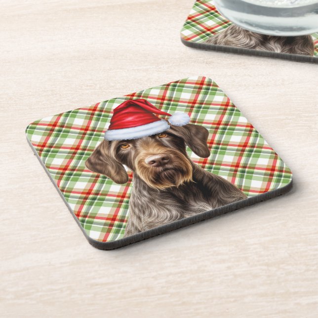 Winter Themed Wirehair Pointer Dog Holiday Plaid Coaster (Left Side)