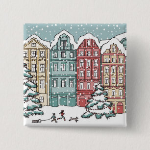 Winter Town Scene 2 Inch Square Button