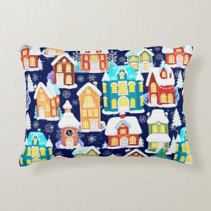 Winter town with victorian houses. Christmas theme Accent Pillow