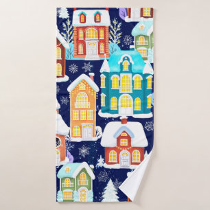 Winter town with victorian houses. Christmas theme Bath Towel