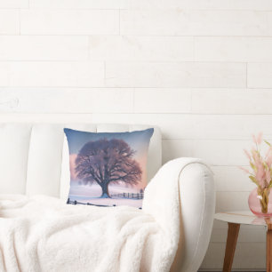 Winter Tree and Fence Throw Pillow