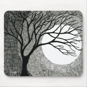 Winter Tree and Moon in Black and White Mouse Pad