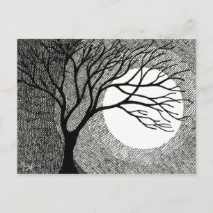 Winter Tree and Moon in Black and White Postcard