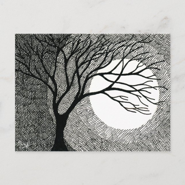 Winter Tree and Moon in Black and White Postcard (Front)