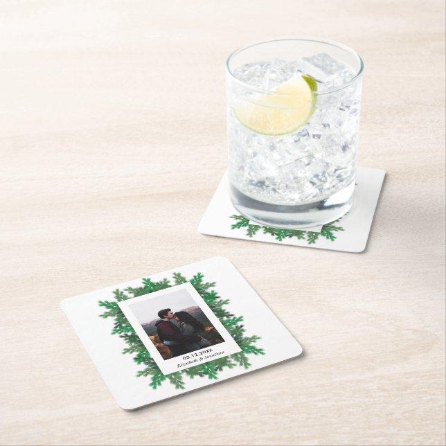 Winter Tree Branches Photo Wedding Square Paper Coaster (Insitu)