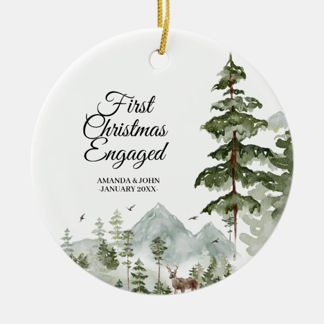 Winter Tree Personalised First Christmas Engaged Ceramic Ornament (Front)