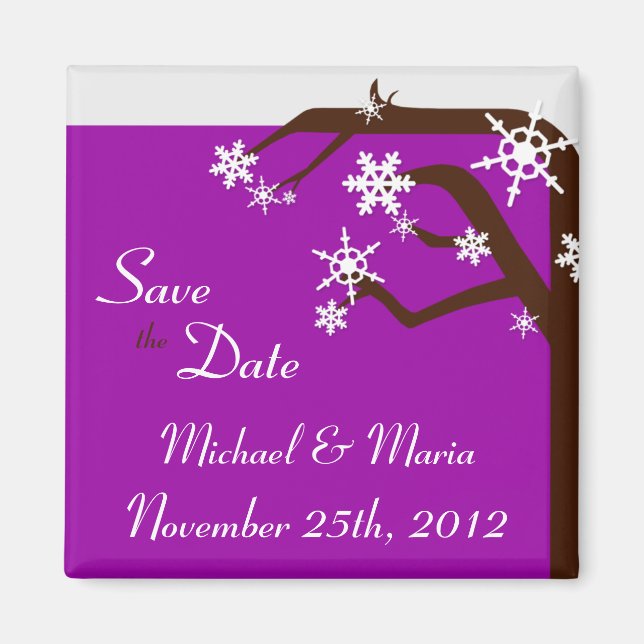 Winter Tree Purple Snowflake Save the Date Magnet (Front)