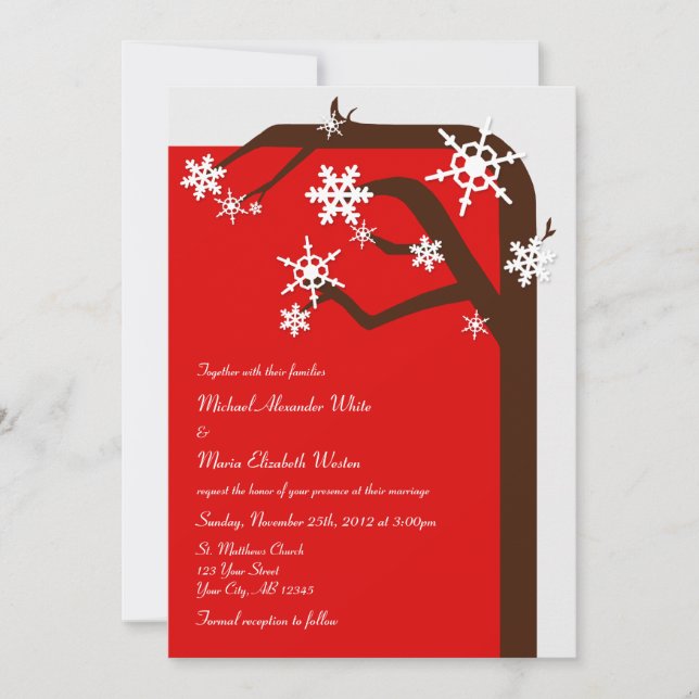 Winter Tree Snowflake Red Wedding Invitations (Front)