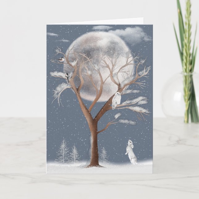 Winter Tree With Moon and Owl Holiday Card (Front)