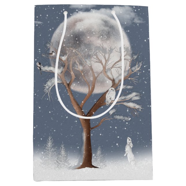 Winter Tree With Moon and Owl Holiday Card Medium Gift Bag (Front)