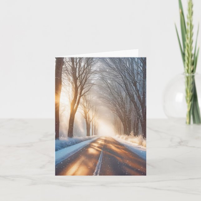 Winter Trees and Road In Snowflakes Note Card (Front)