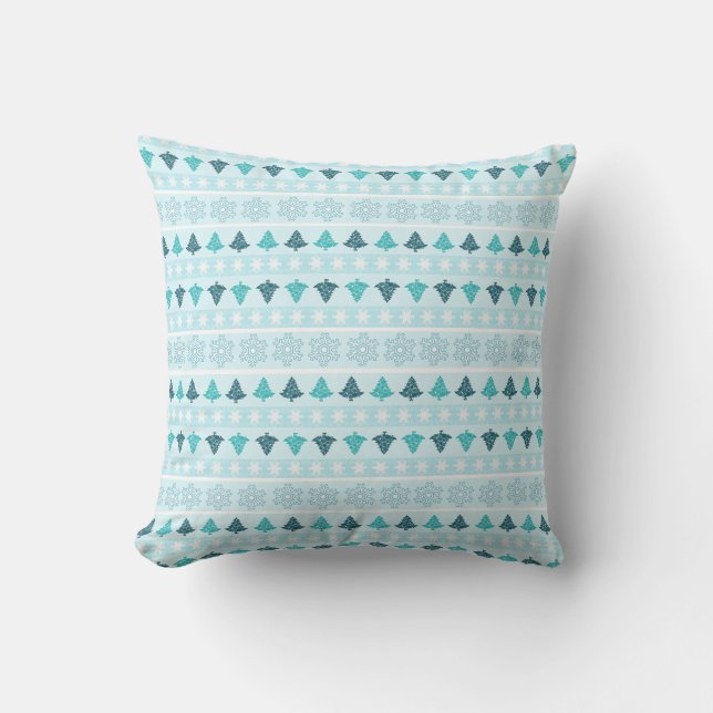 Winter Trees and Snowflake Pattern Blue Throw Pillow (Front)