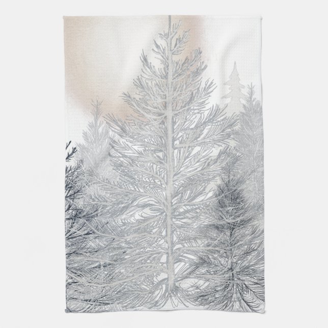 Winter Trees and Sun, Frosty Black and White Kitchen Towel (Vertical)