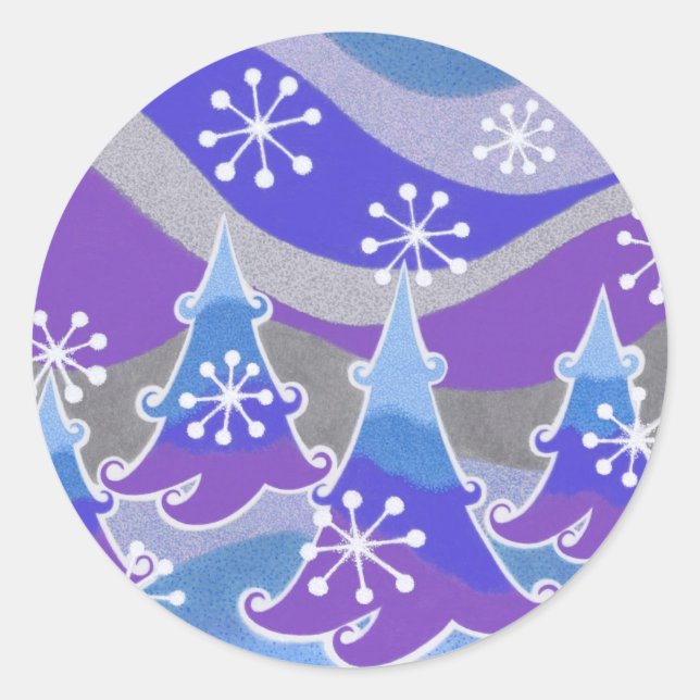 Winter trees blue round sticker (Front)