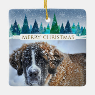 Winter Trees Custom Dog Photo Merry Christmas Ceramic Ornament