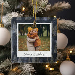 Winter Trees Double Sided Personalized Photo Ceramic Ornament<br><div class="desc">A beautiful double sided Christmas photo ornament displaying a favourite photo on each side,  on a navy blue watercolor background dotted with pine trees. Personalize with a custom caption on the front in handwritten lettering,  and add the year to the back.</div>