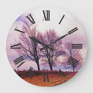 Winter Trees & Farm Fences Pasture Art Large Clock