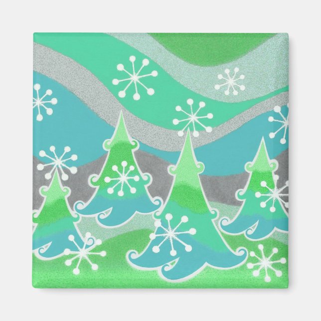 Winter Trees green fridge magnet square (Front)