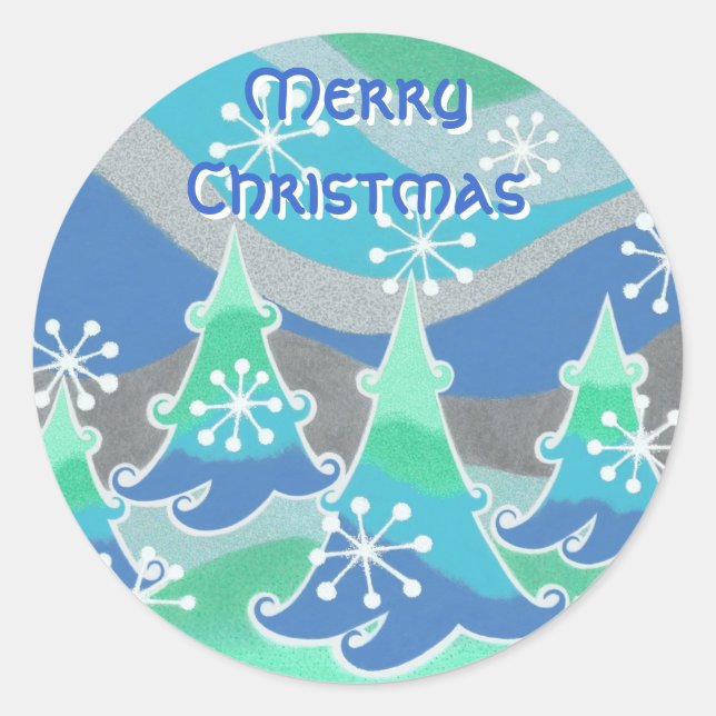 Winter trees 'Merry Christmas' round sticker (Front)