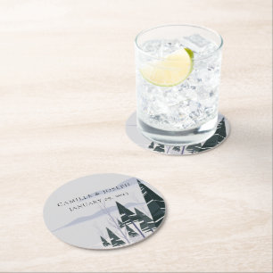 Winter Trees Modern Snow Forest Wedding Round Paper Coaster