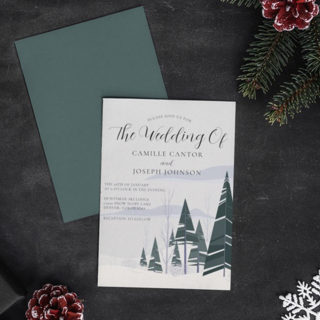 Winter Trees Modern Snowy Forest Holiday Wedding Invitation (Creator Uploaded)