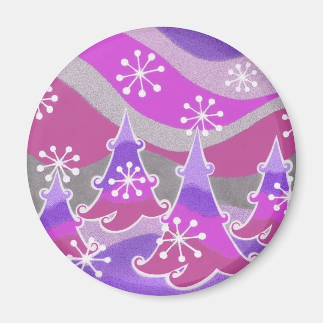 Winter Trees purple fridge magnet round (Front)