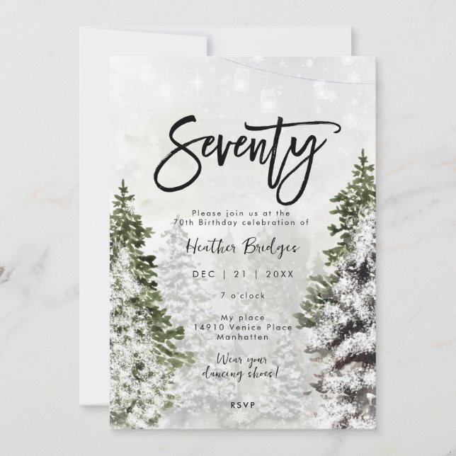 Winter trees snow 70th birthday party invitation (Front)