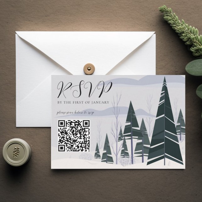 Winter Trees Snow Forest QR Code Wedding Website RSVP Card (Creator Uploaded)