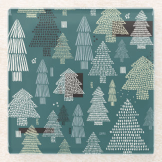Winter trees, vintage Christmas pattern. Glass Coaster