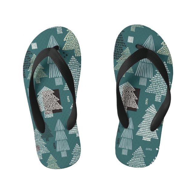 Winter trees, vintage Christmas pattern. Kid's Flip Flops (Footbed)
