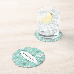 Winter Turquoise-Blue Snowflake Birthday Party Paper Coaster