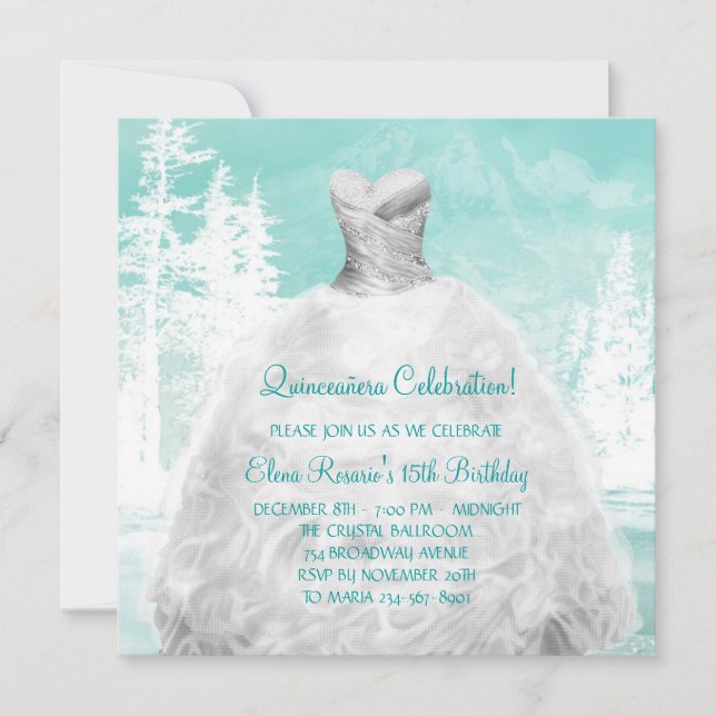 Winter Turquoise Blue Snowflakes Quinceanera Invitation (Front)