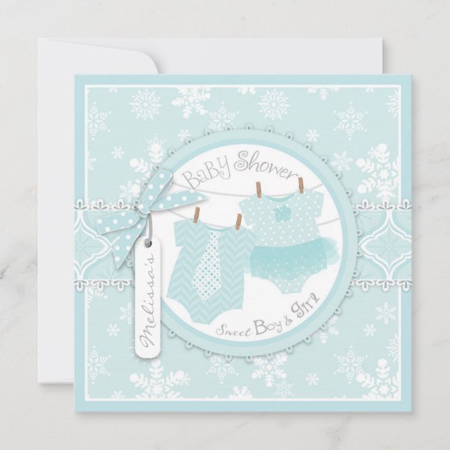Winter Tutu & Tie & Snowflakes Twins Baby Shower Invitation (Front)