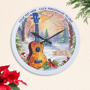 Winter Ukulele In Snow Custom Text Christmas Large Clock