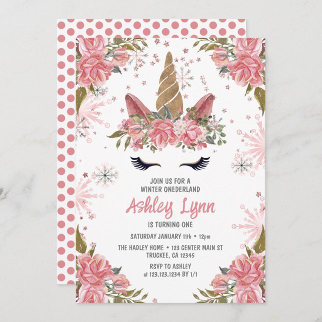 Winter Unicorn 1st Birthday Blush Pink Invitation (Front/Back)