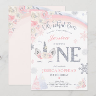 Winter Unicorn 1st Birthday Pink & Silver Unicorn Invitation