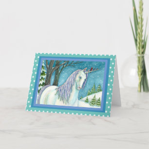 WINTER UNICORN AND BIRDS, PEACEFUL SNOW LANDSCAPE HOLIDAY CARD