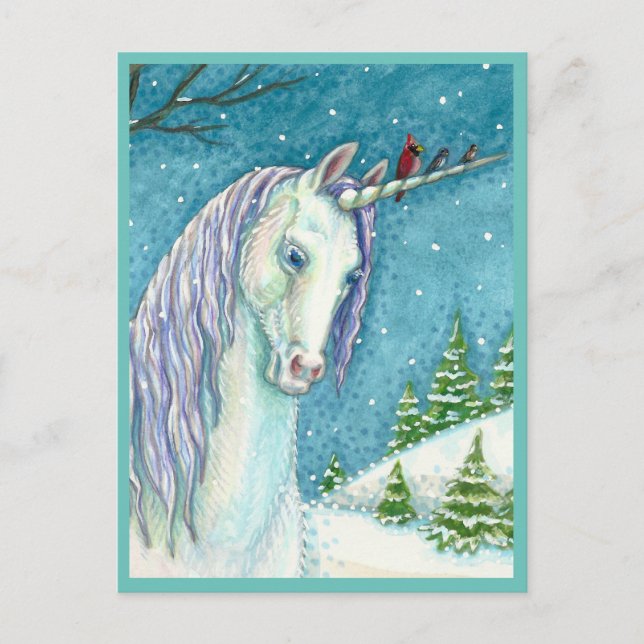 WINTER UNICORN AND BIRDS, PEACEFUL SNOW LANDSCAPE POSTCARD (Front)