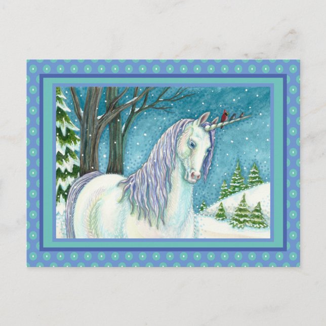 WINTER UNICORN AND BIRDS, PEACEFUL SNOW LANDSCAPE POSTCARD (Front)
