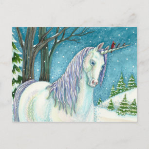 WINTER UNICORN AND BIRDS, PEACEFUL SNOW LANDSCAPE POSTCARD