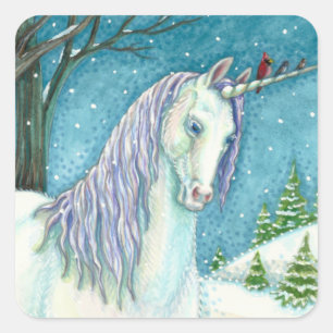 WINTER UNICORN AND BIRDS, PEACEFUL SNOW LANDSCAPE SQUARE STICKER