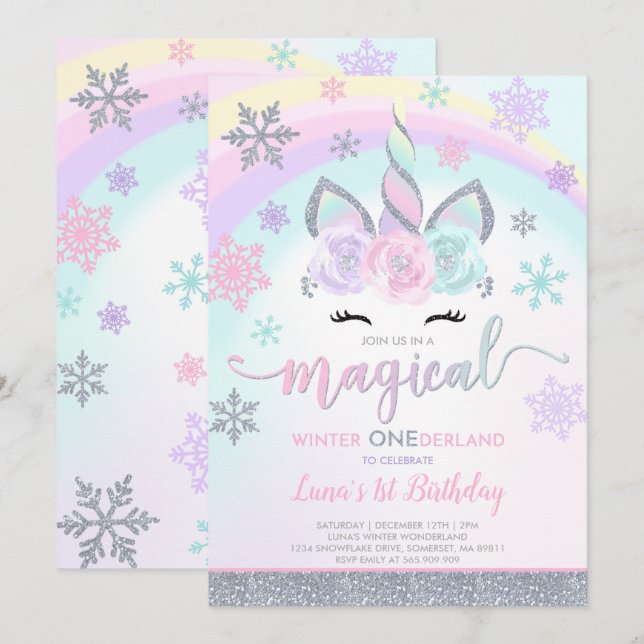 Winter Unicorn Invitation Winter ONEderland Party (Front/Back)