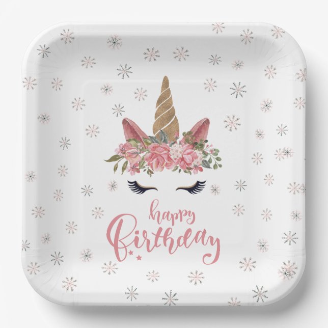 Winter Unicorn Pink Happy Birthday Paper Plate (Front)