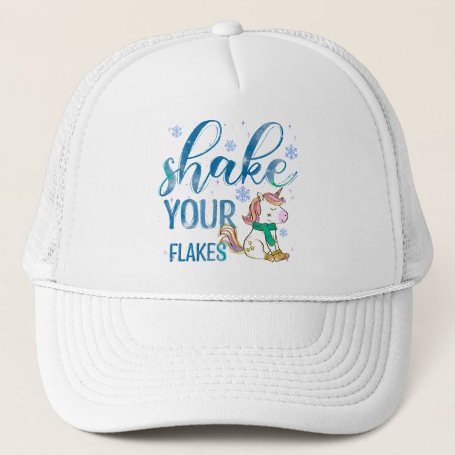 Winter Unicorn | Shake Your Flakes | Fun & Festive Trucker Hat (Front)